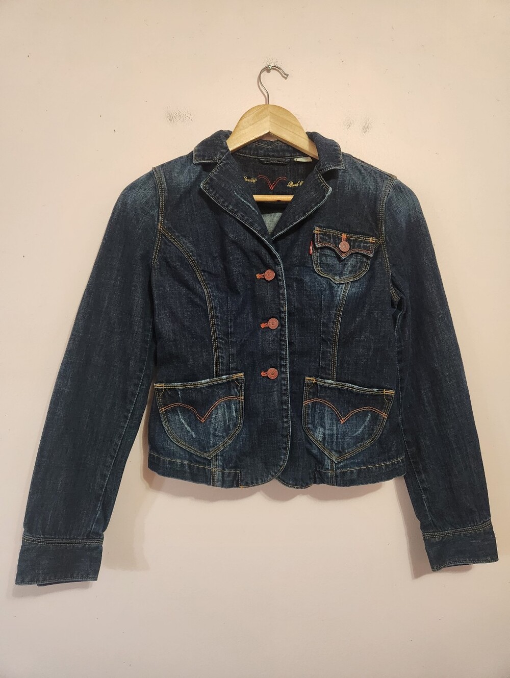 Vintage Y2K Levis Red Tab Dark Wash Ruffle Peplum Denim Blazer Jacket Medium